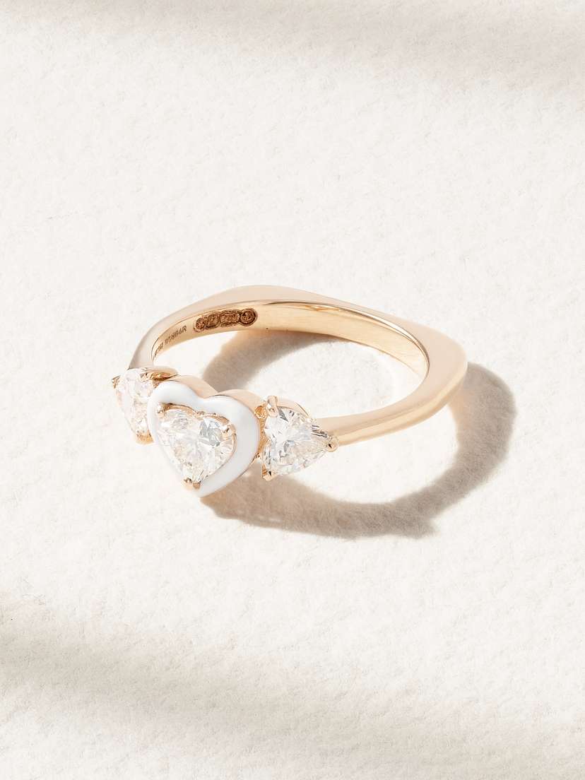 Kamyen Trio Heart 18-karat Rose Gold, Diamond And Enamel Pinky Ring