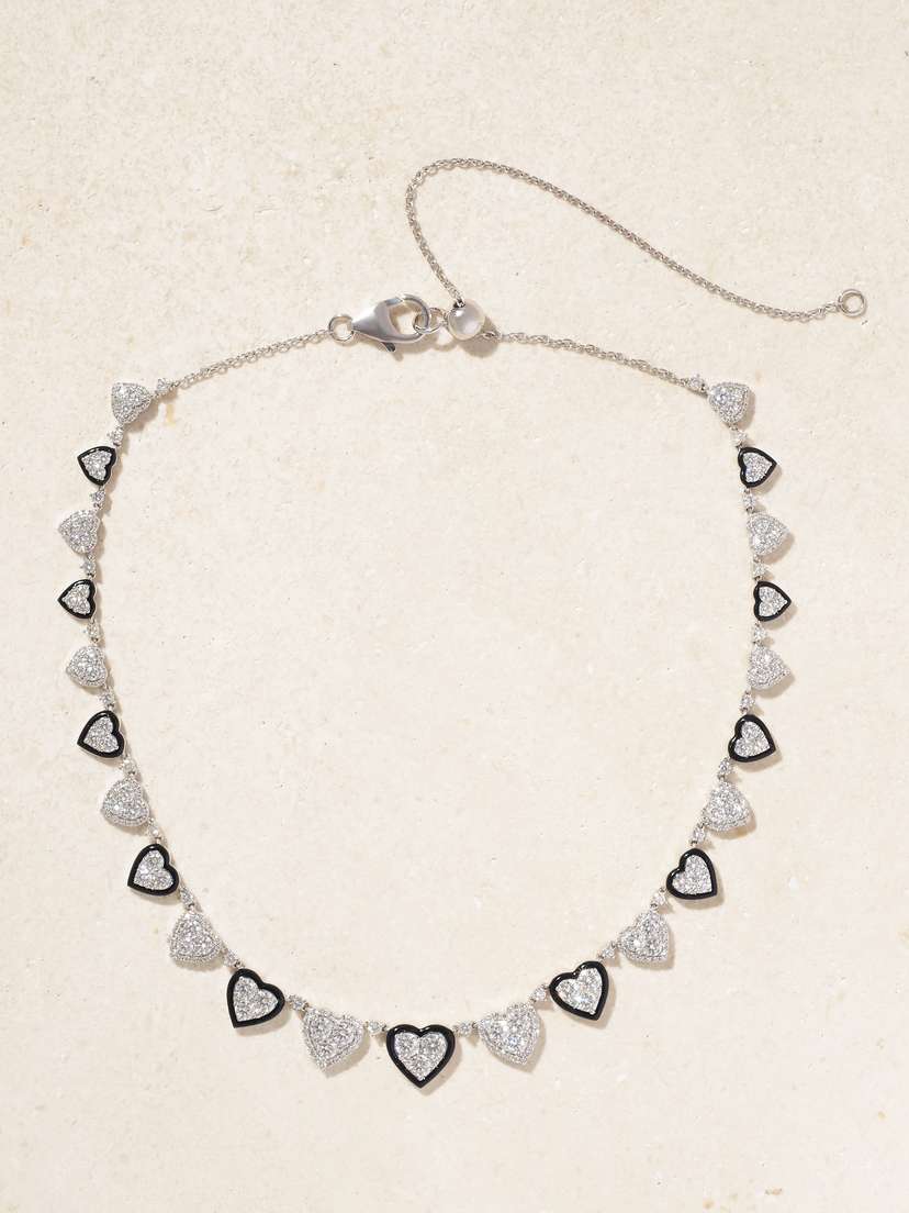 Kamyen Heart 18-karat White Gold, Diamond And Enamel Choker