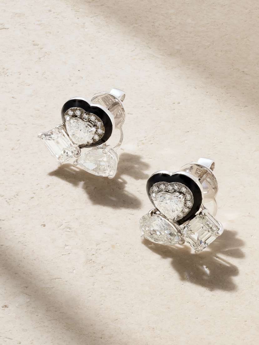 Kamyen 18-karat White Gold, Diamond And Enamel Earrings