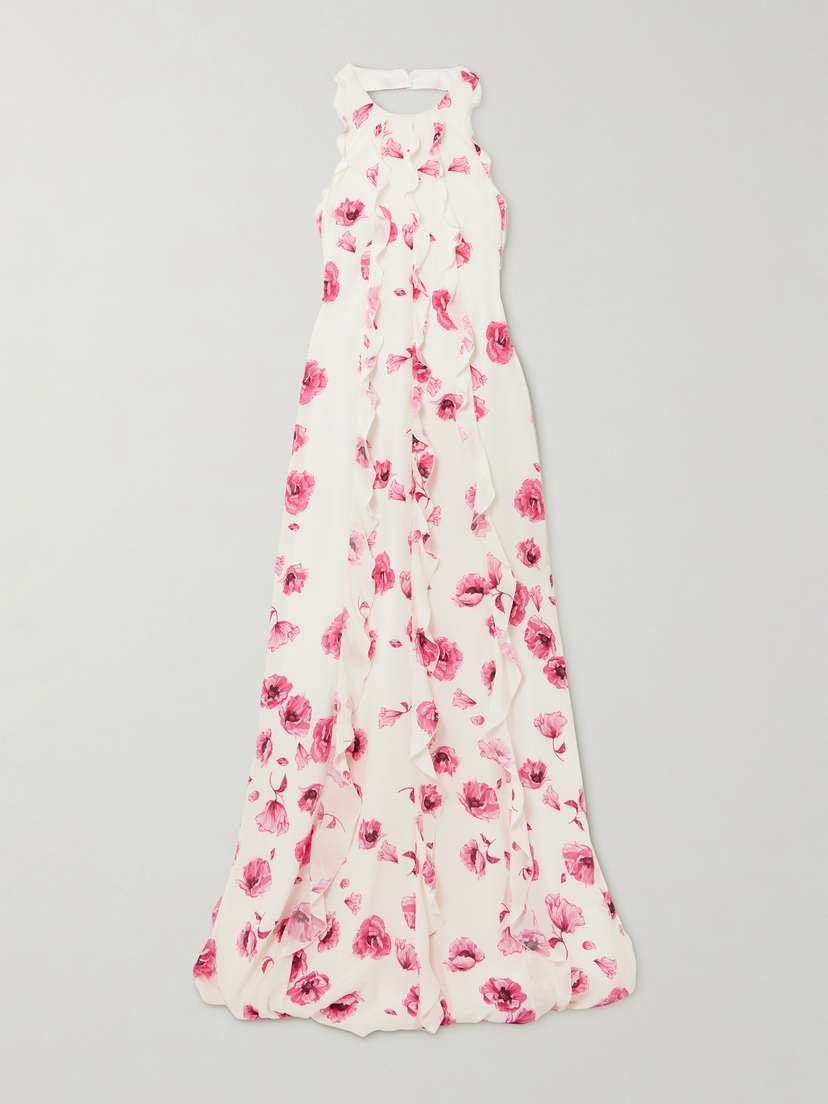 Emilia Wickstead Fleurine Ruffled Floral-print Silk Crepe De Chine Halterneck Gown