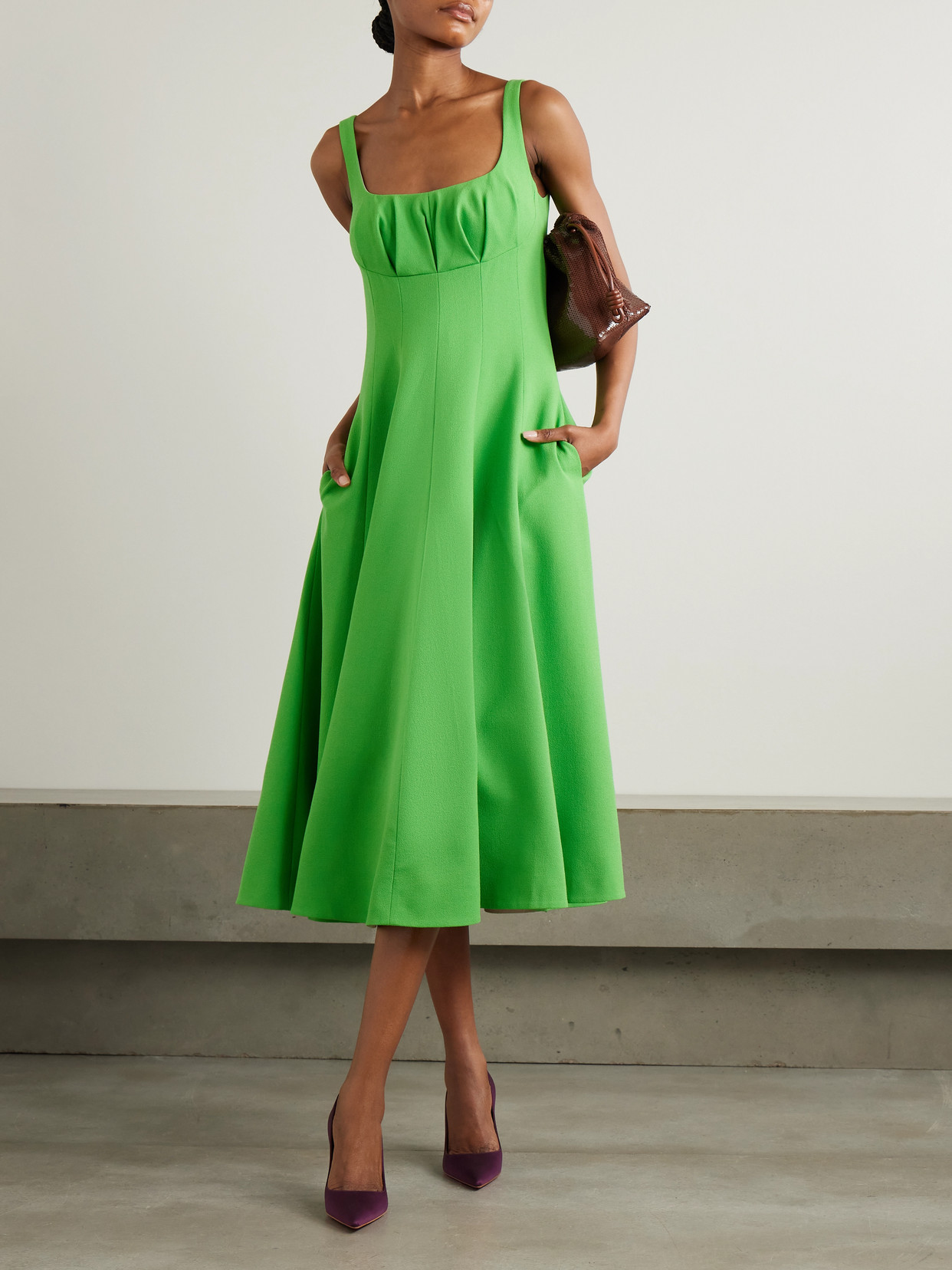 Emilia Wickstead Collins Pleated Paneled Wool-crepe Midi Dress In Green