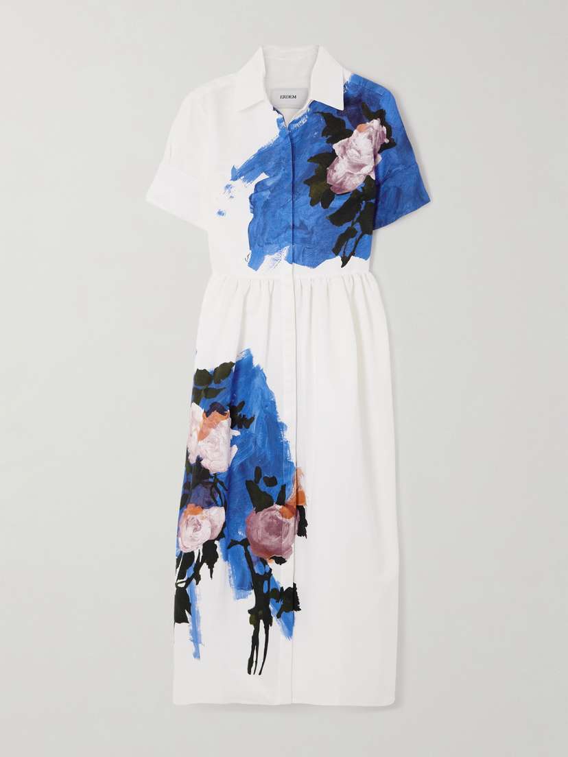 Erdem Gathered Floral-print Cotton-blend Faille Midi Dress