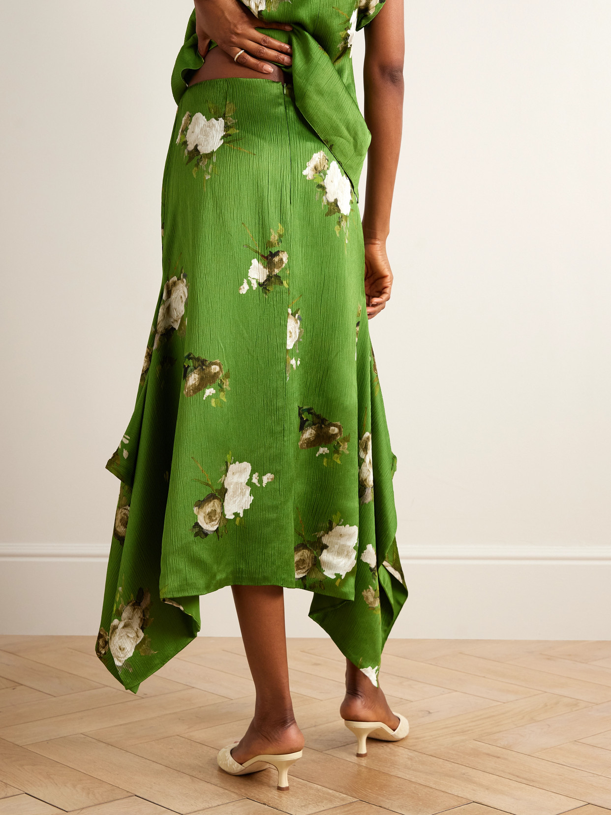 Draped Floral-Print Crepon Midi
