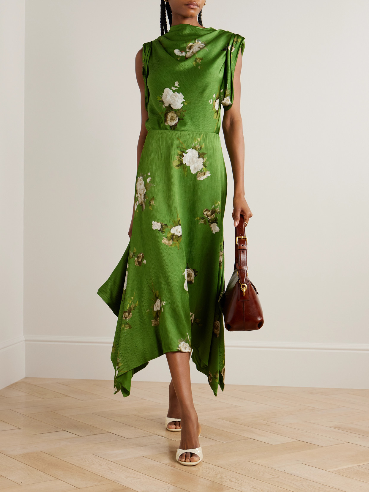 Draped Floral-Print Crepon Midi