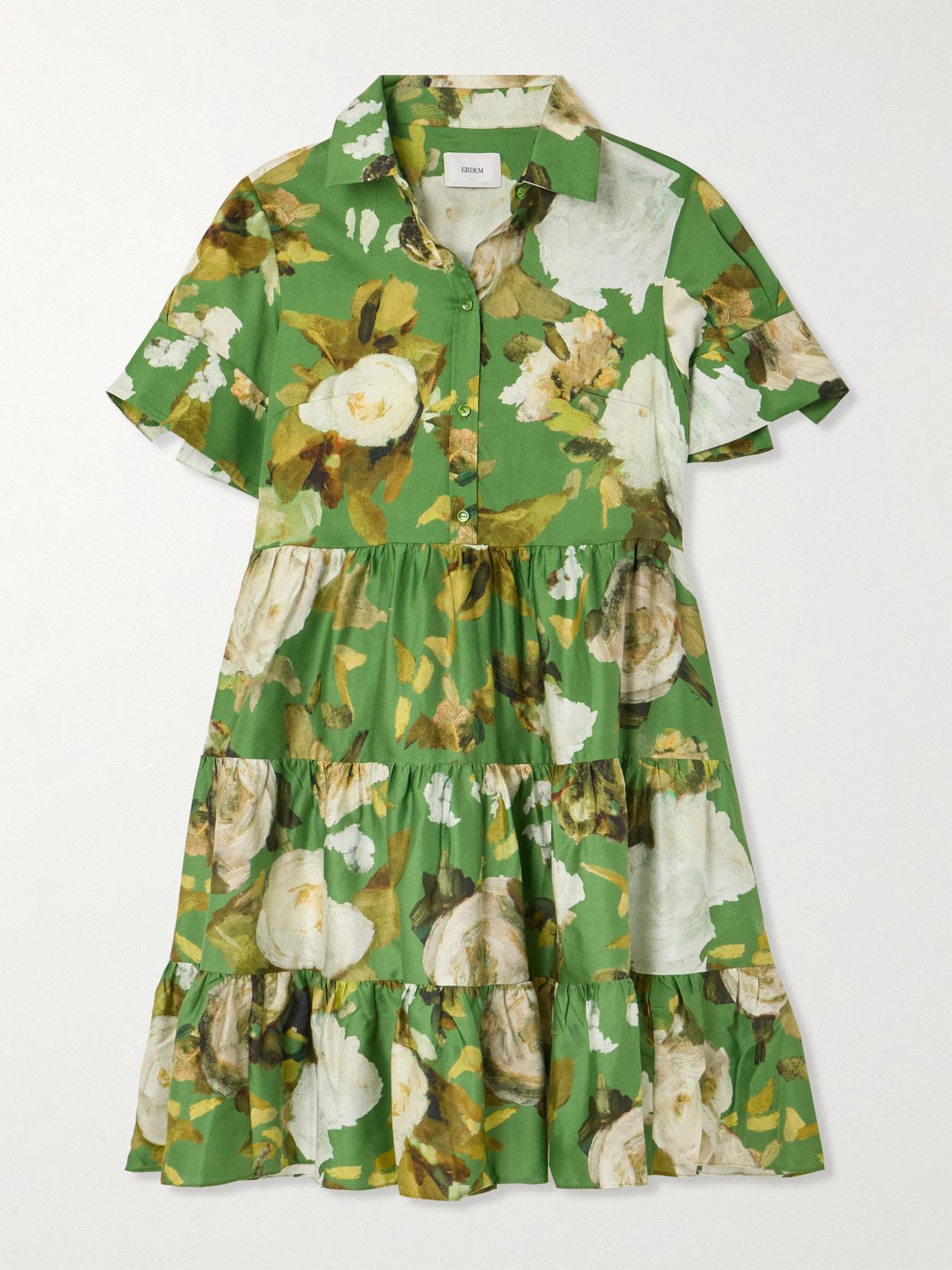 Erdem Gathered Tiered Floral-print Cotton-poplin Mini Shirt Dress In Green