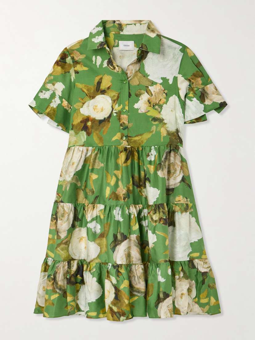 Erdem Gathered Tiered Floral-print Cotton-poplin Mini Shirt Dress