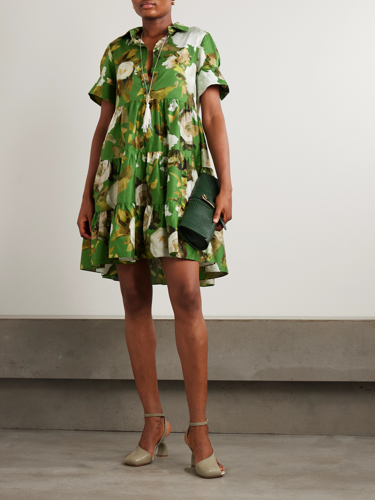 Erdem Gathered Tiered Floral-print Cotton-poplin Mini Shirt Dress In Green