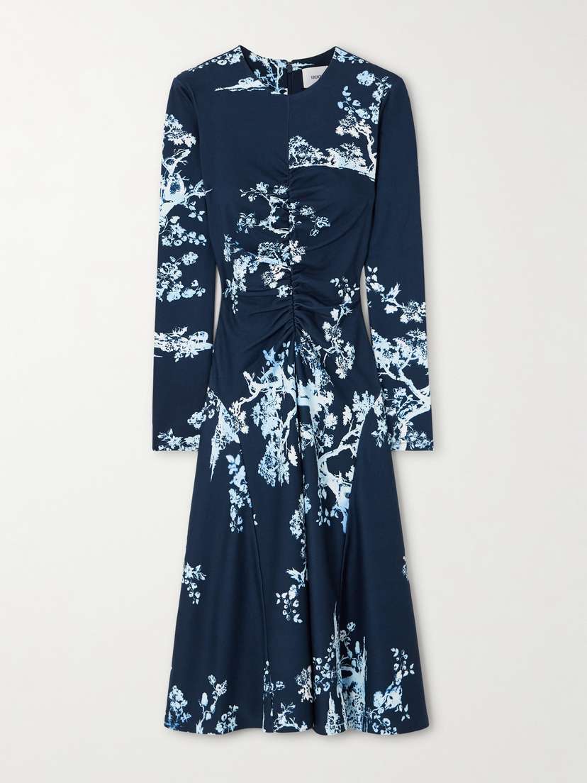 Erdem Gathered Printed Ponte Midi Dress