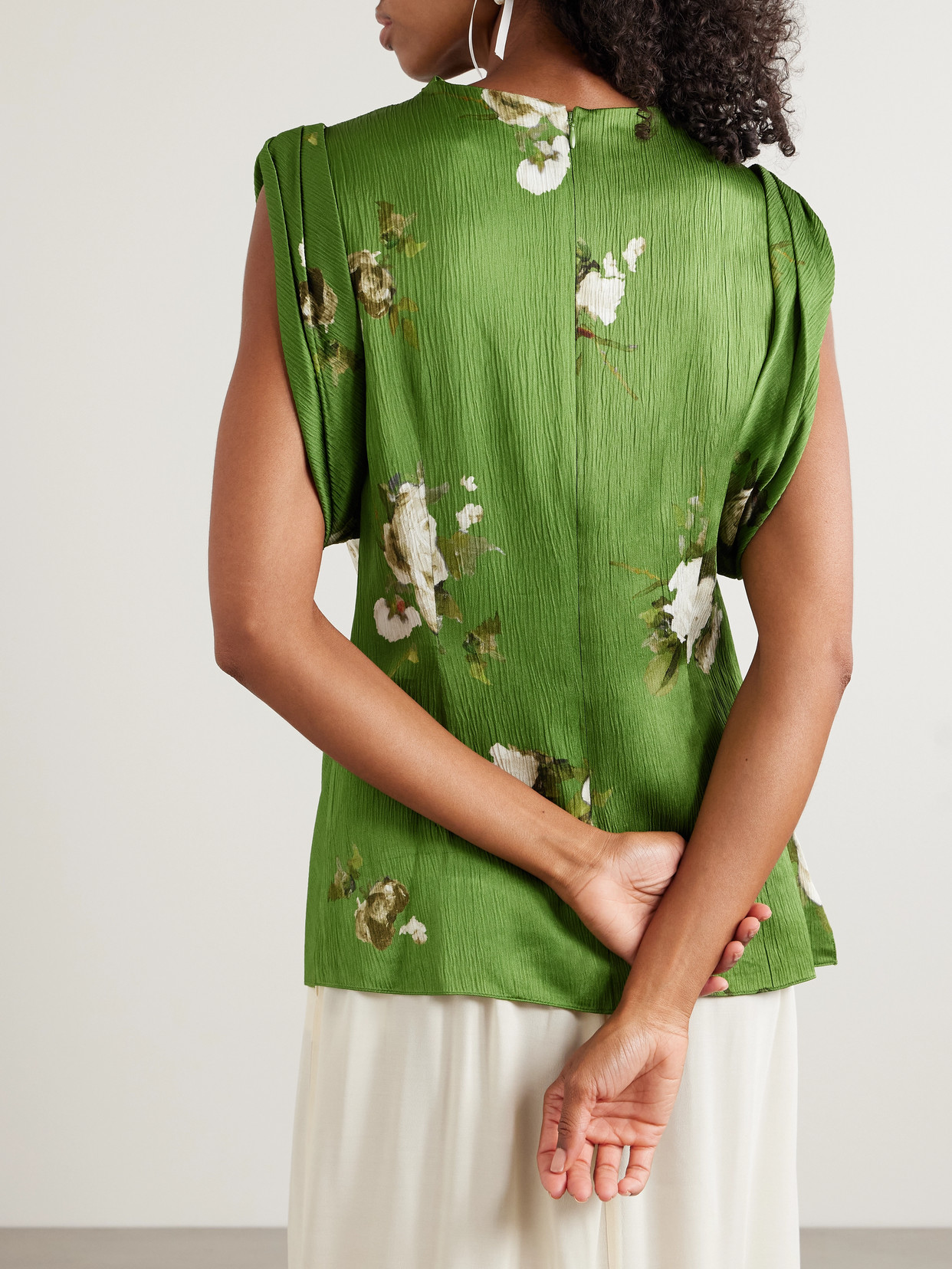 Erdem Draped Floral-print Crinkled-satin Top In Green