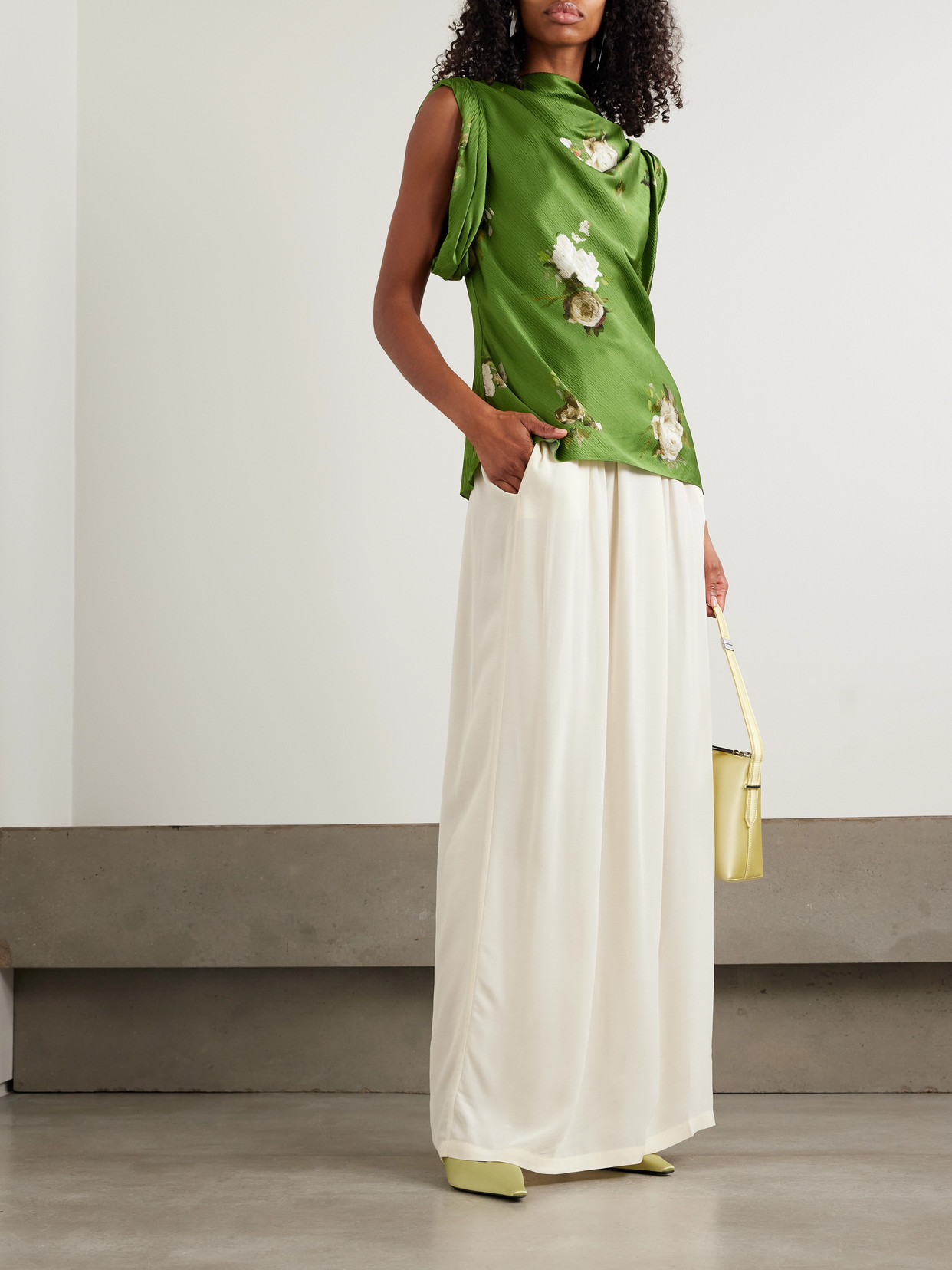 Erdem Draped Floral-print Crinkled-satin Top In Green