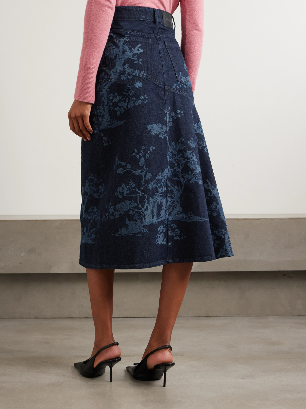 Erdem Asymmetric Paneled Printed Denim Midi Skirt In Blue