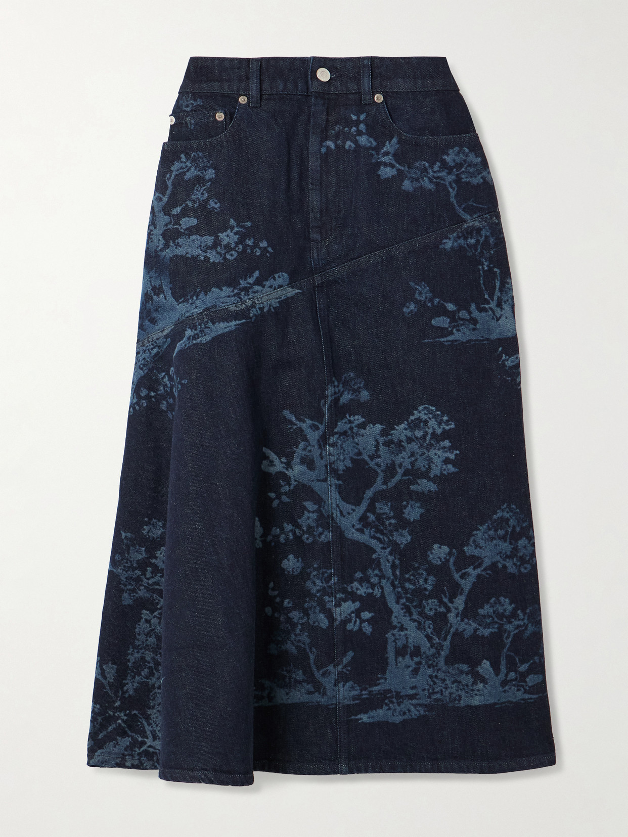 Erdem Asymmetric Paneled Printed Denim Midi Skirt In Blue
