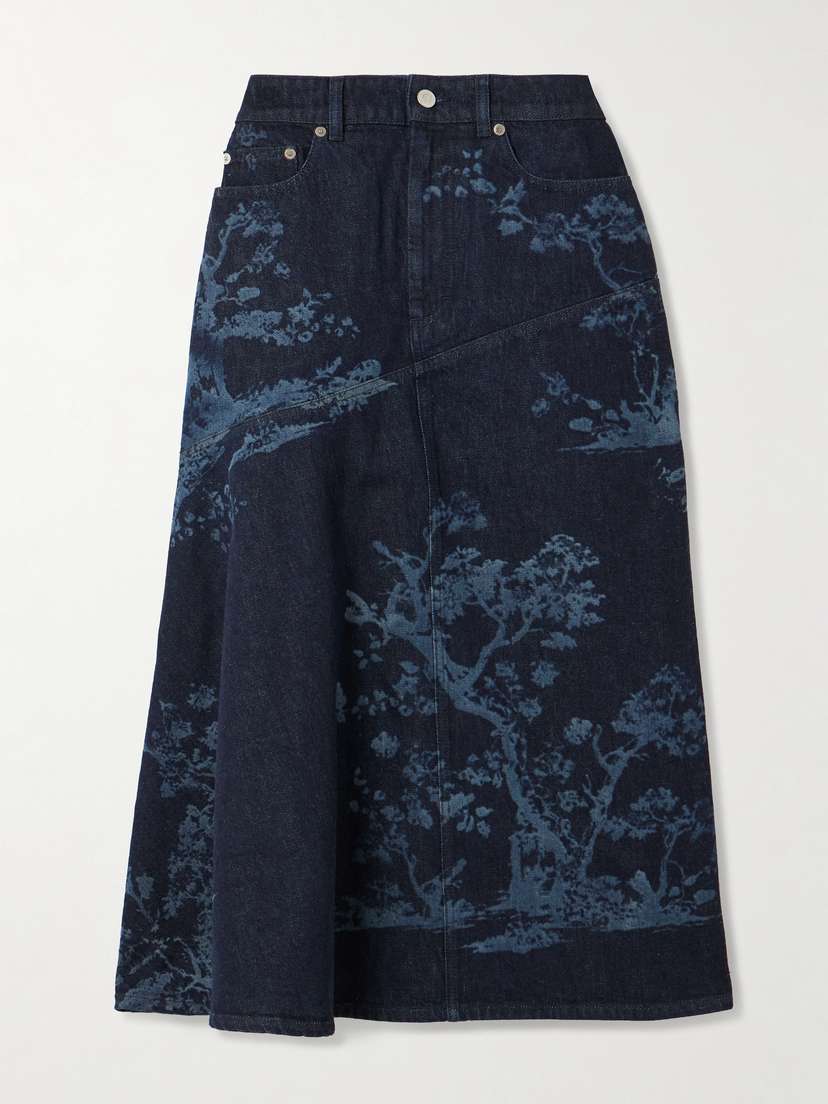 Erdem Asymmetric Paneled Printed Denim Midi Skirt