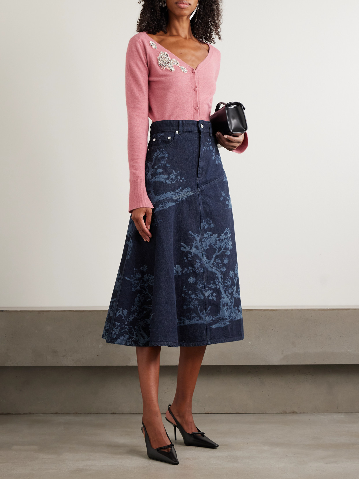 Erdem Asymmetric Paneled Printed Denim Midi Skirt In Blue