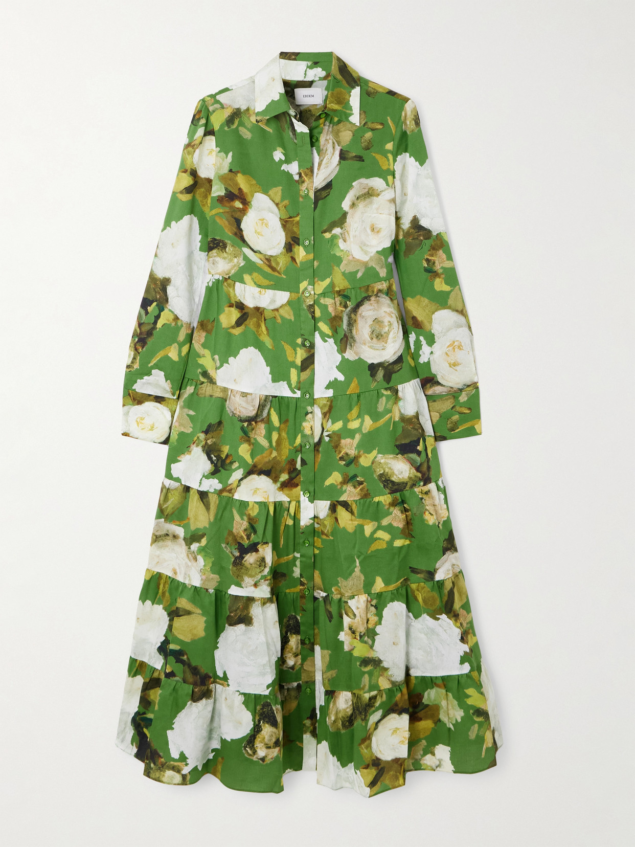 Erdem Tiered Floral-print Cotton-voile Midi Shirt Dress In Green