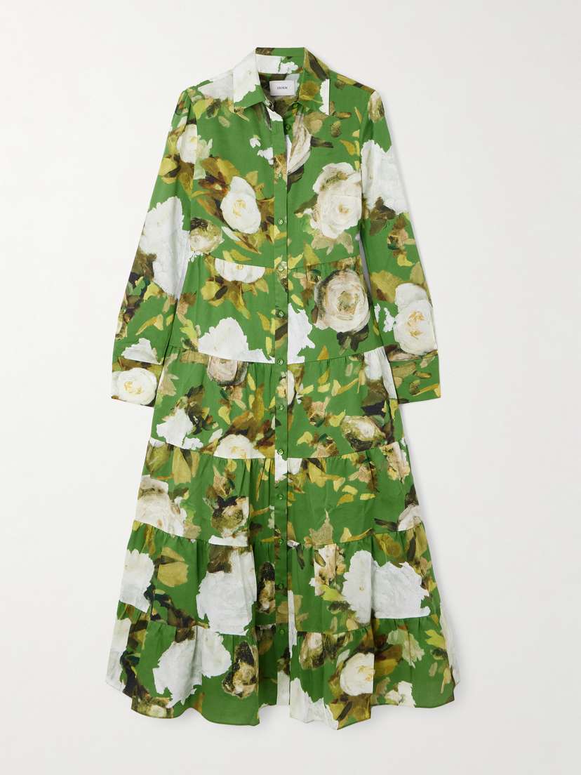 Erdem Tiered Floral-print Cotton-voile Midi Shirt Dress