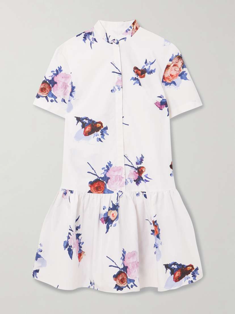 Erdem Tiered Floral-print Cotton-poplin Mini Shirt Dress