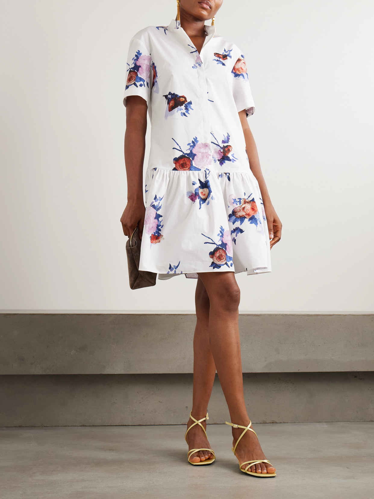 Erdem Tiered Floral-print Cotton-poplin Mini Shirt Dress