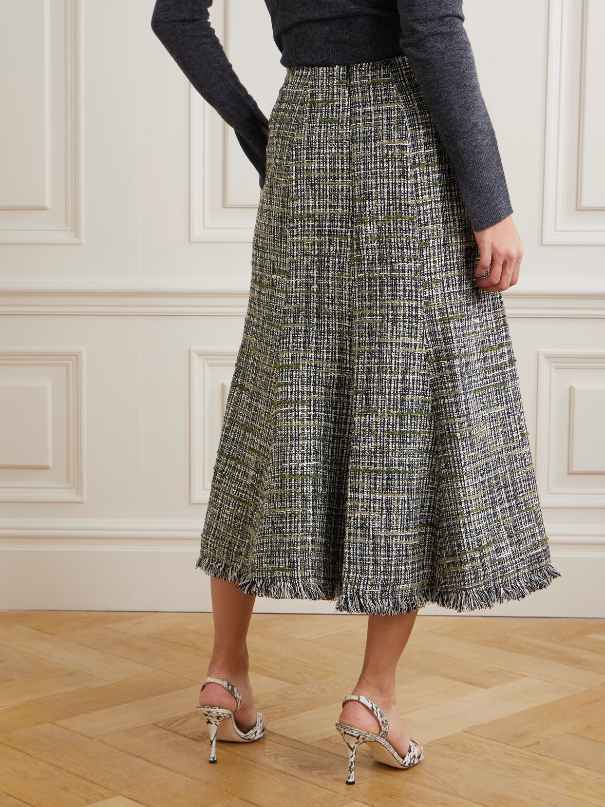 Erdem Frayed Tweed Midi Skirt In White