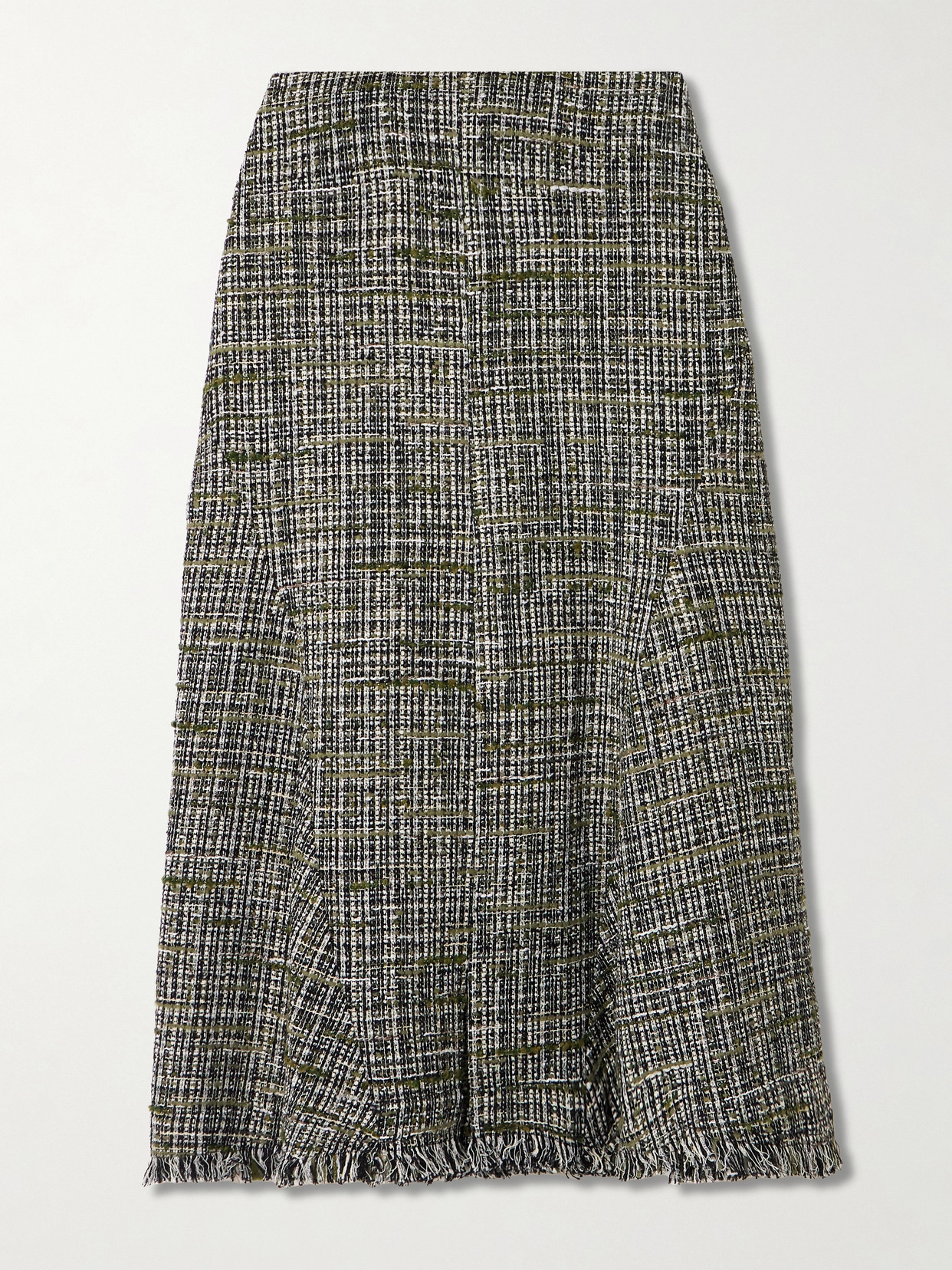 Erdem Frayed Tweed Midi Skirt In Green