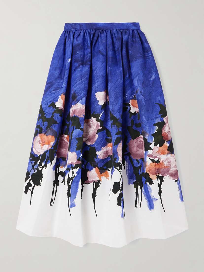 Erdem Gathered Floral-print Cotton-blend Twill Midi Skirt