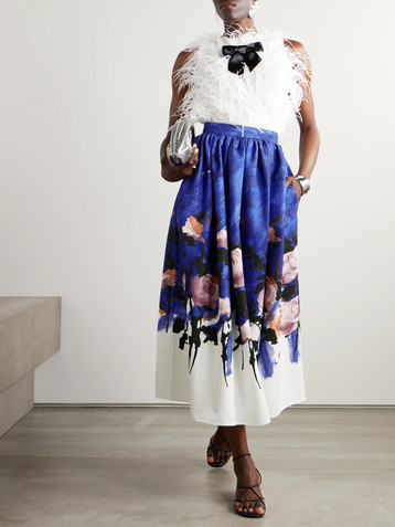 Erdem Gathered floral-print cotton-blend twill midi skirt