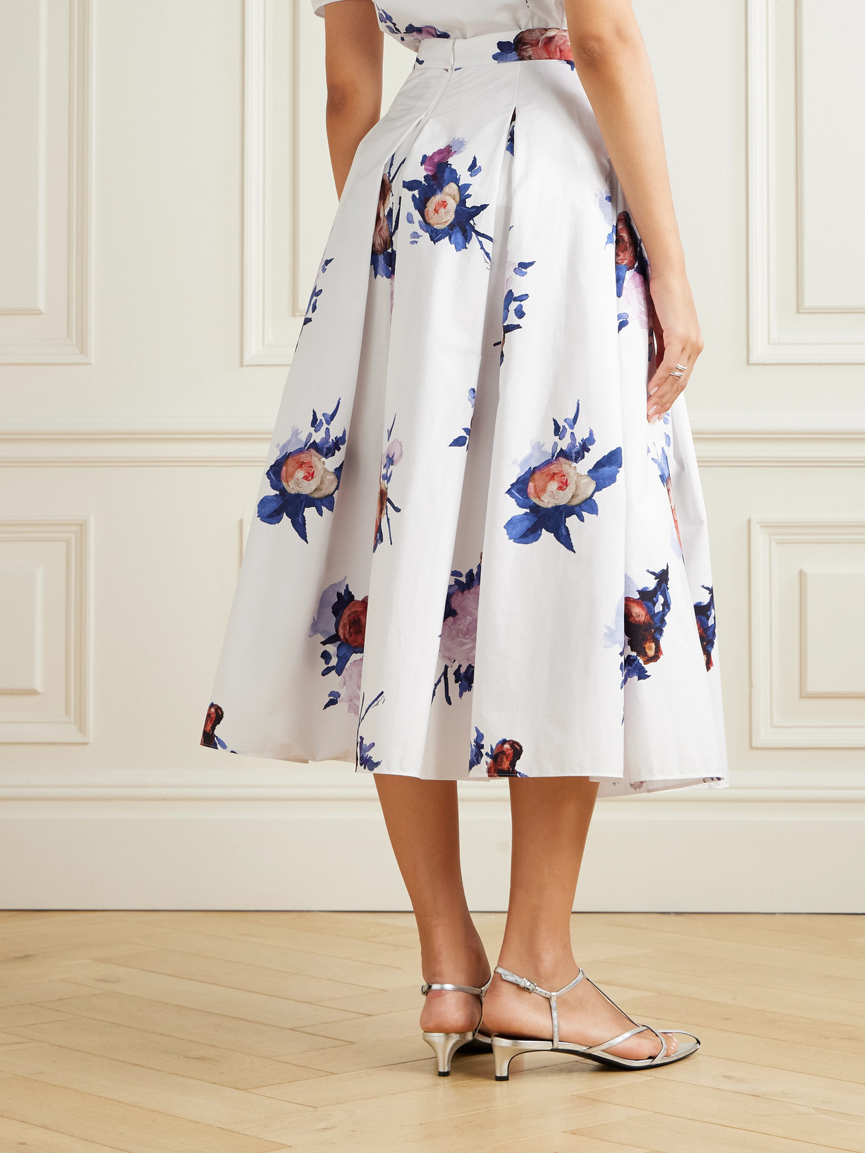 Erdem Pleated Floral-print Cotton-poplin Midi Skirt