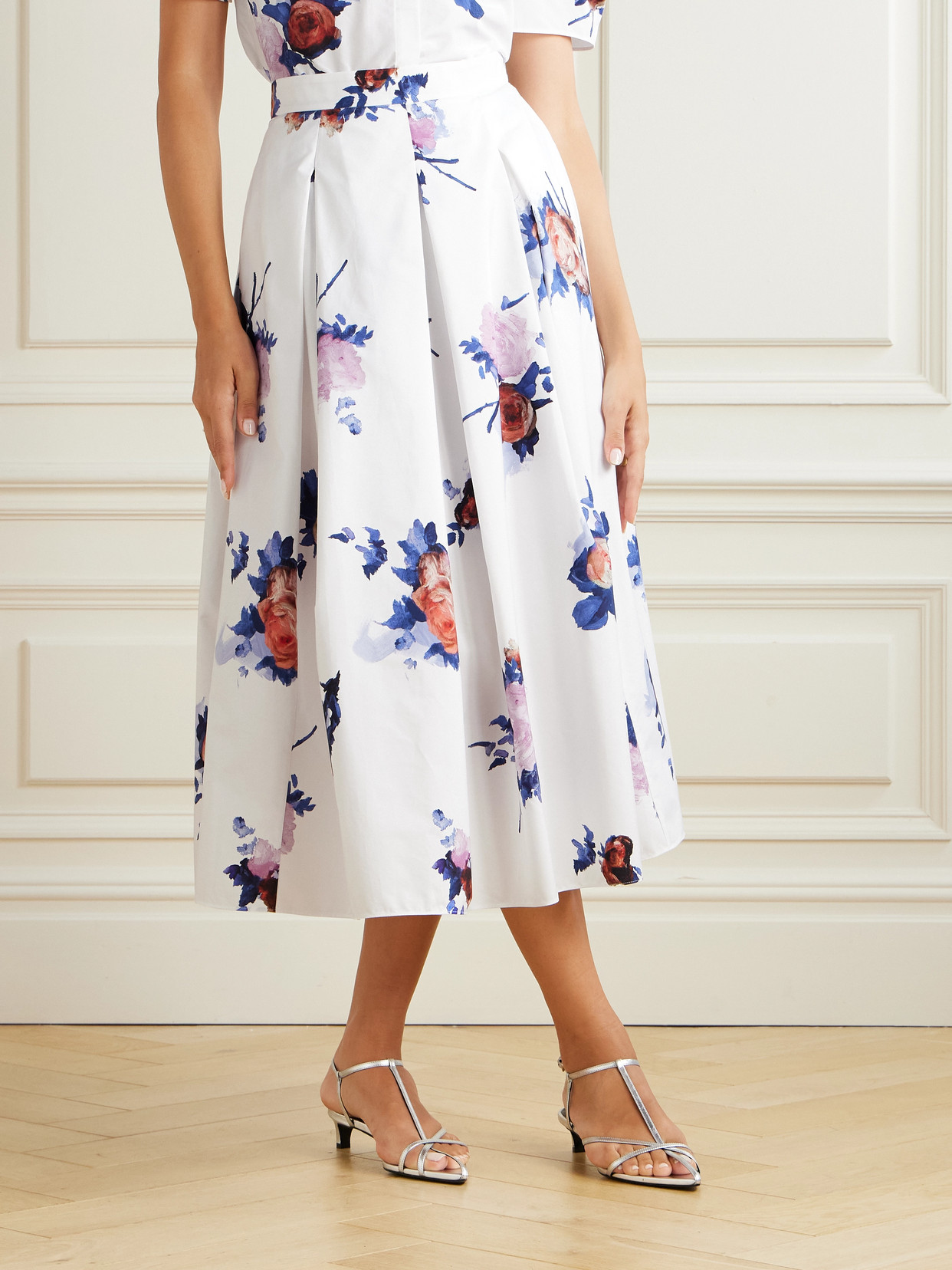 Erdem Pleated Floral-print Cotton-poplin Midi Skirt