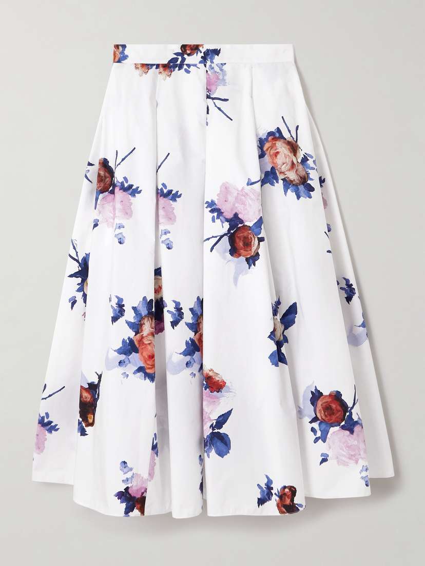 Erdem Pleated Floral-print Cotton-poplin Midi Skirt