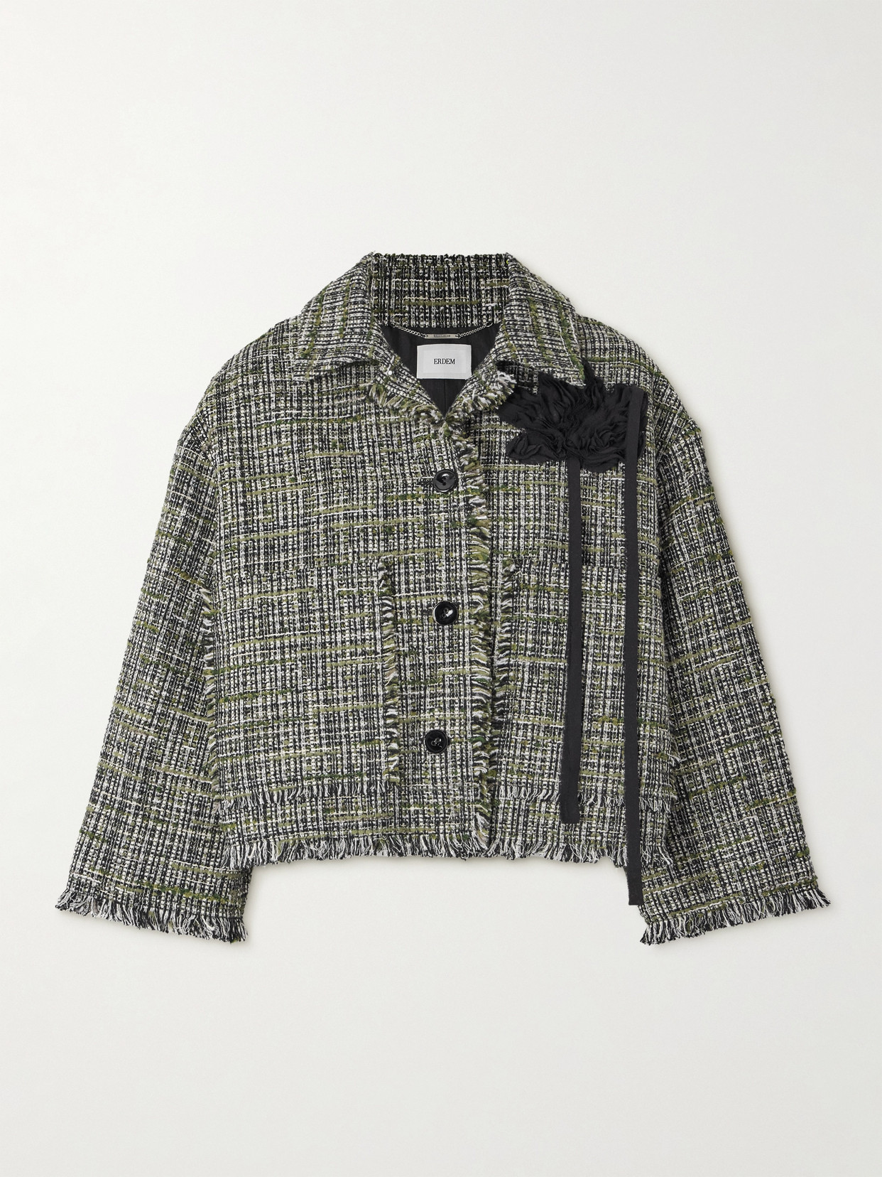 Erdem Cropped Appliquéd Frayed Tweed Jacket In Green