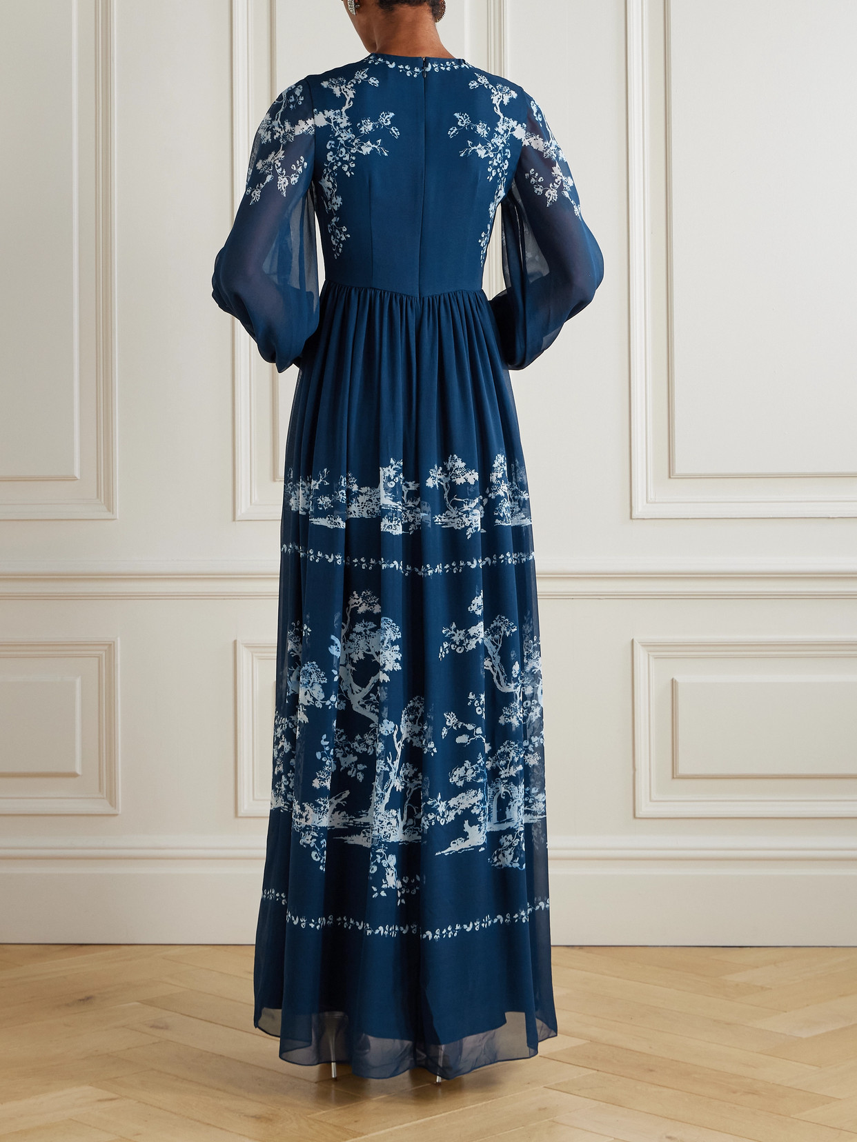 Erdem Floral Ruched Silk Gown In Blue