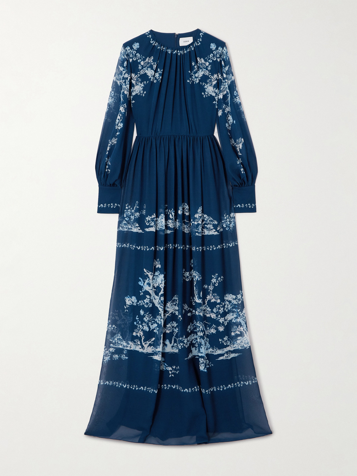 Erdem Floral Ruched Silk Gown In Blue