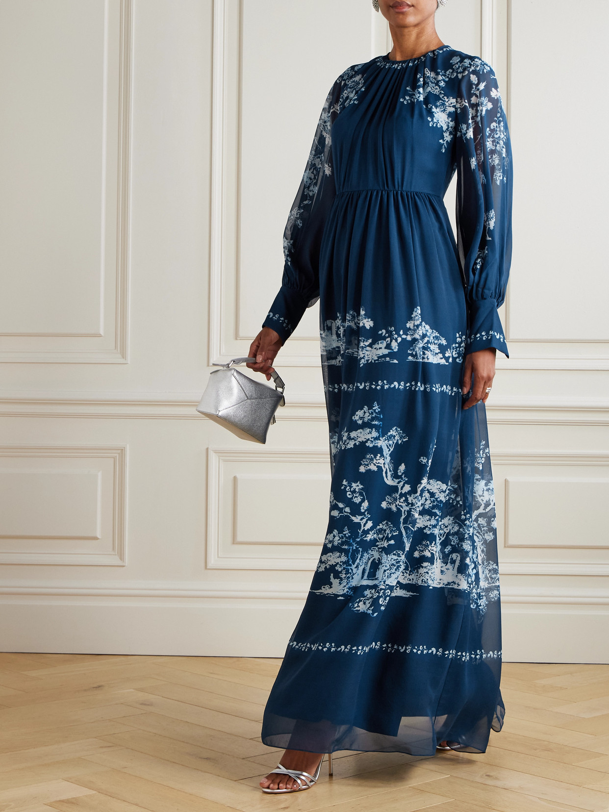 Erdem Floral Ruched Silk Gown In Blue
