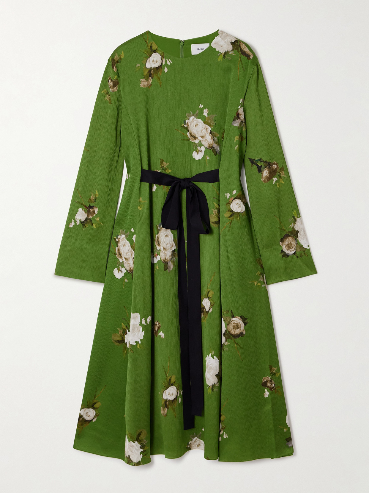 Erdem Bow-detailed Floral-print Plissé-satin Midi Dress In Green