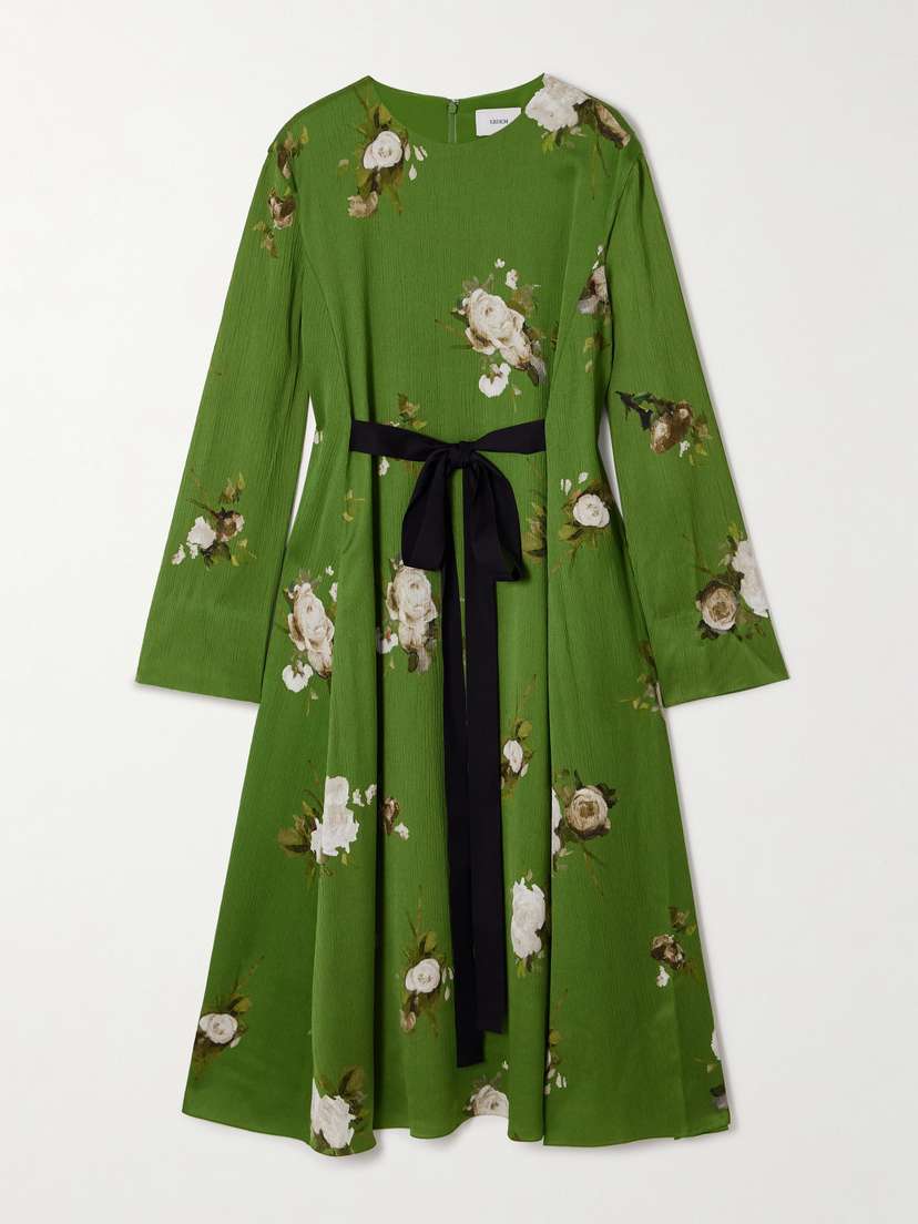 Erdem Bow-detailed Floral-print Plissé-satin Midi Dress