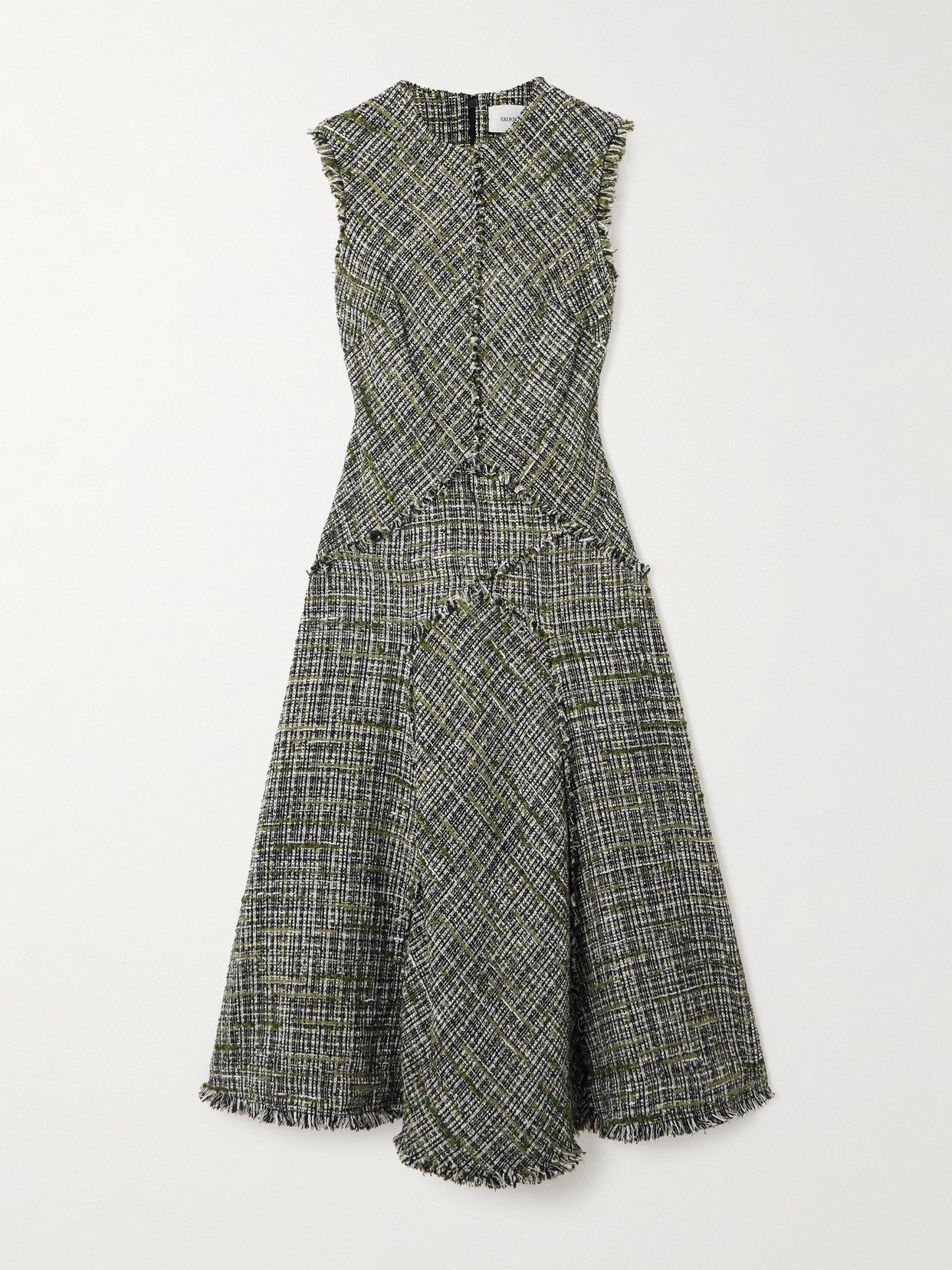 Erdem Paneled Frayed Tweed Midi Dress In Green