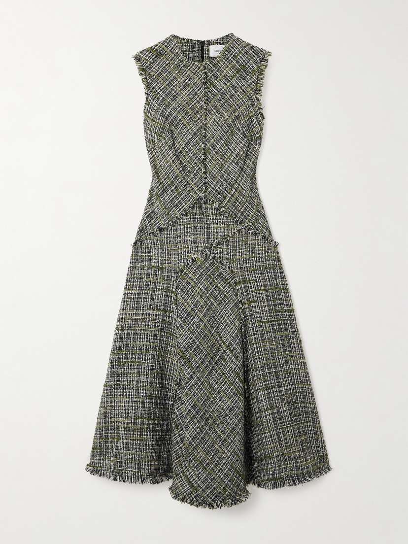 Erdem Paneled Frayed Tweed Midi Dress