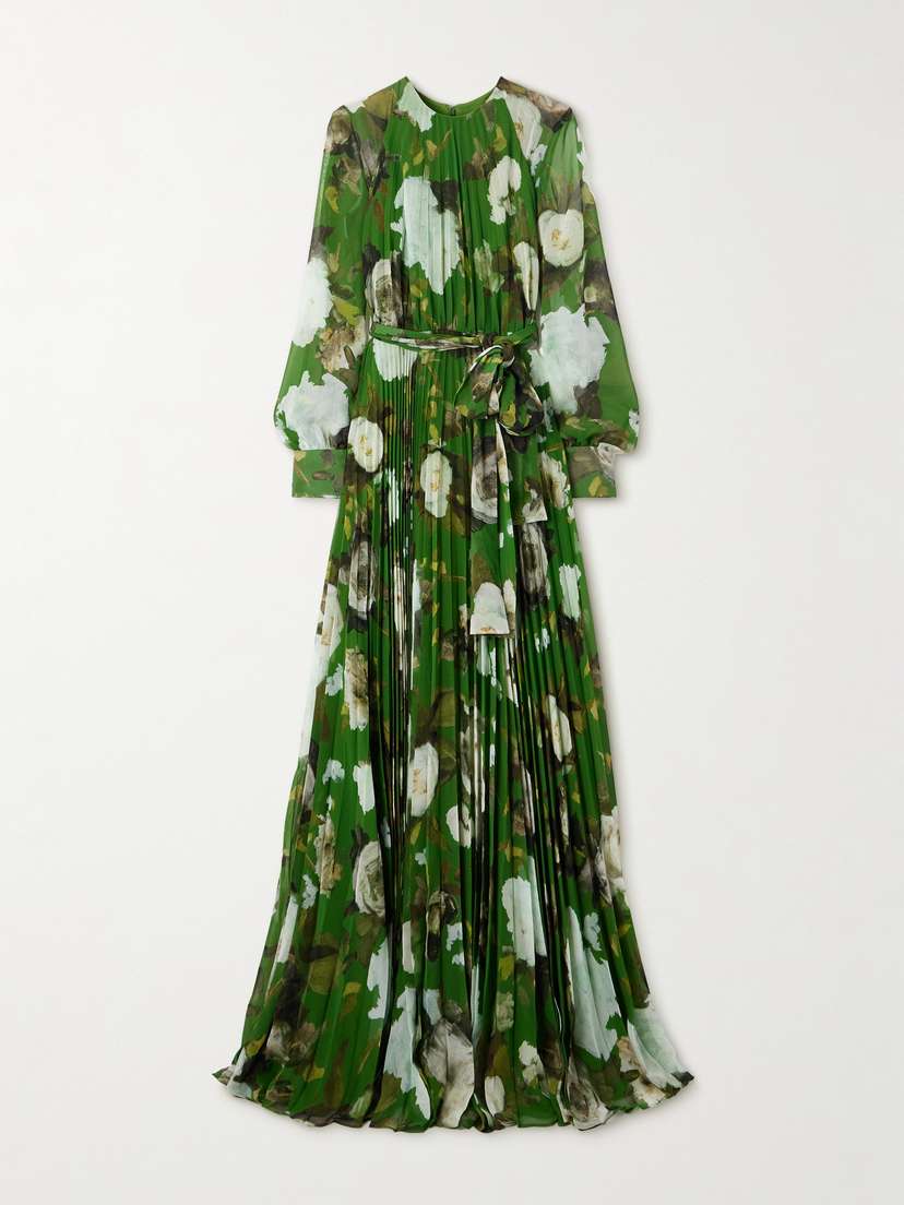 Erdem Belted Pleated Floral-print Crepe De Chine Gown
