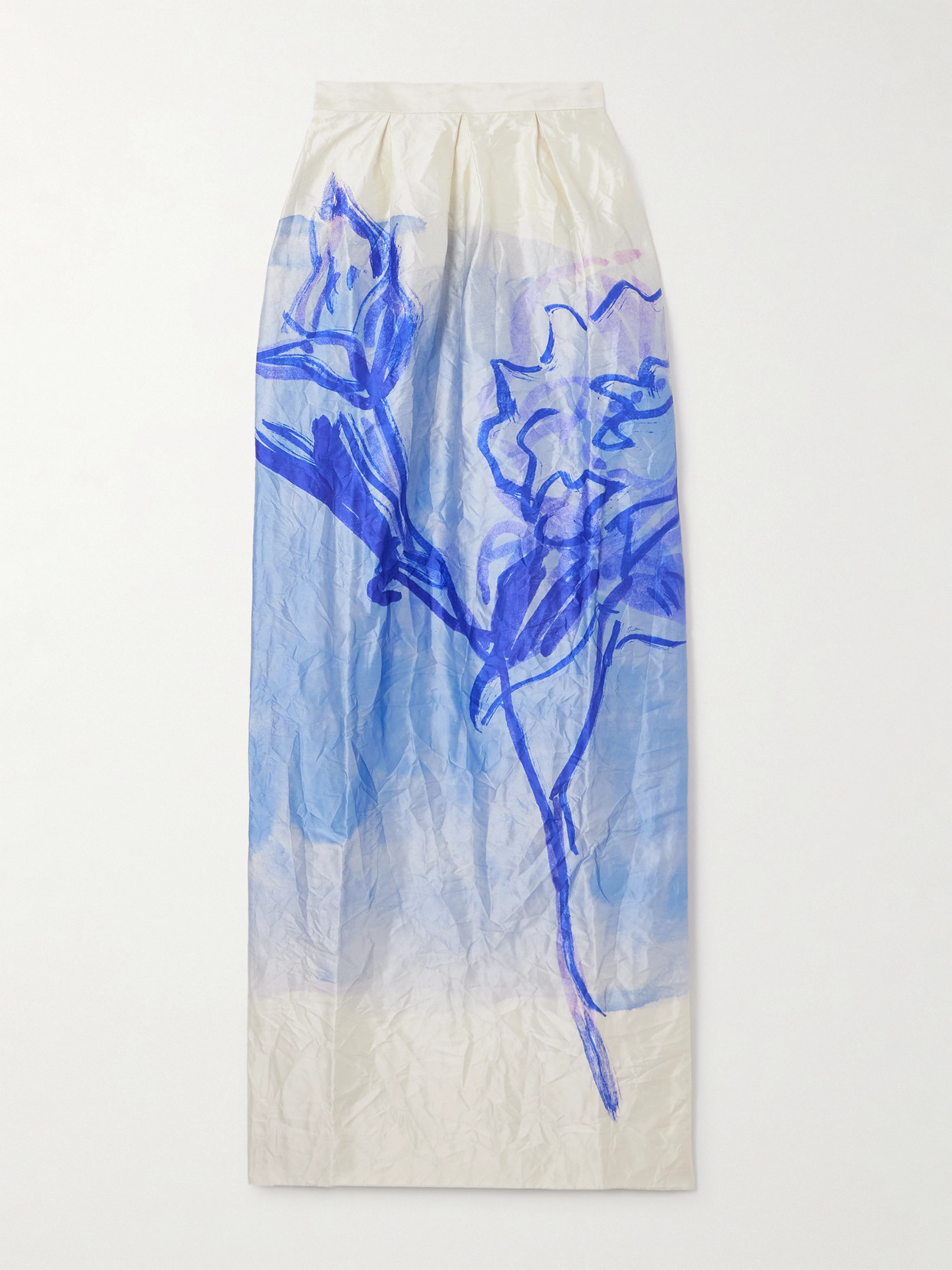 Erdem Floral-print Metallic Crinkled-satin Maxi Skirt In Blue