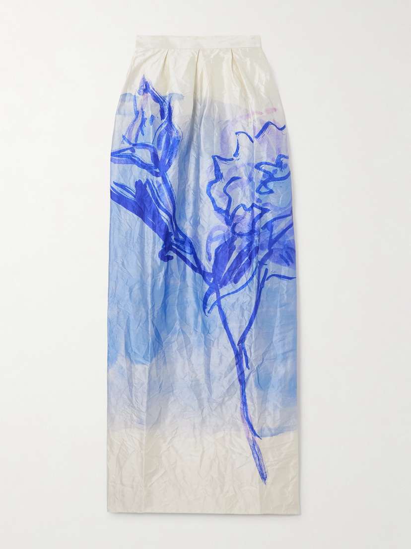 Erdem Floral-print Metallic Crinkled-satin Maxi Skirt