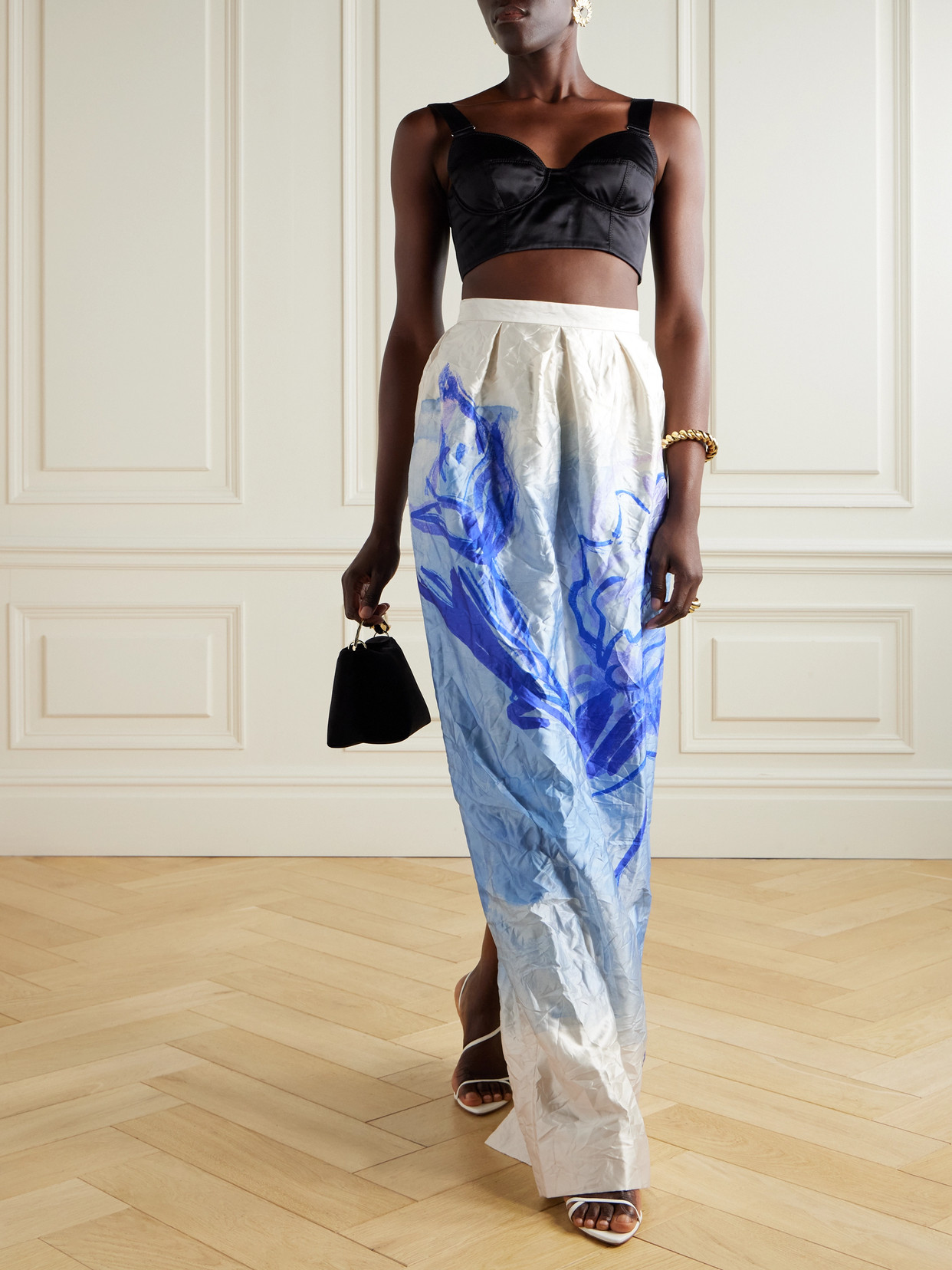 Floral-Print Metallic Crinkled-Satin Maxi