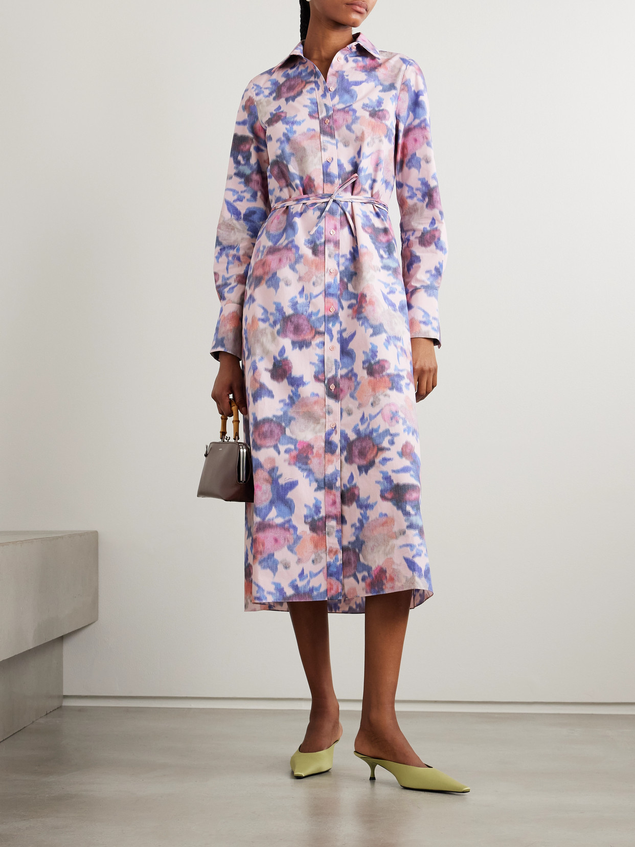 Erdem Belted Floral-print Cotton-poplin Midi Shirt Dress