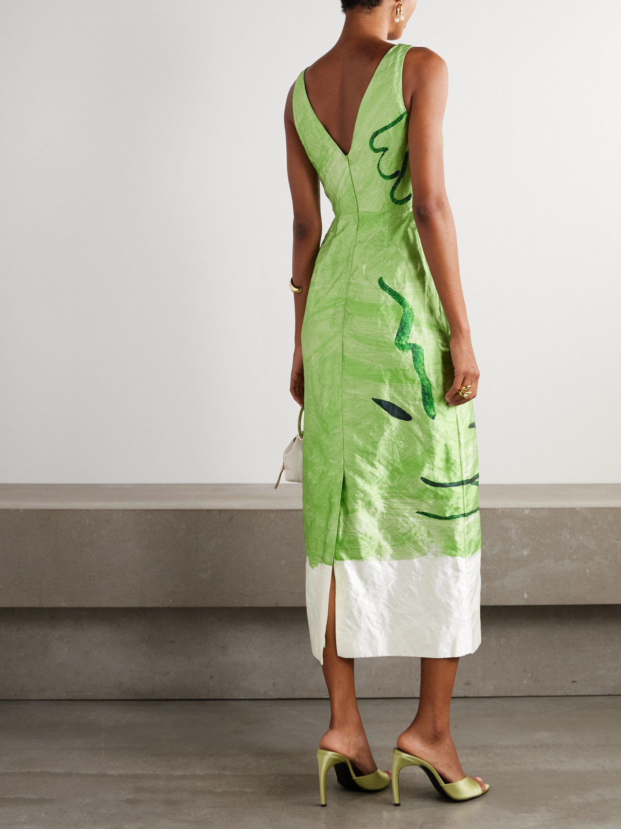 Erdem Face-print Sleeveless Crinkle Satin Midi Cocktail Dress In Green