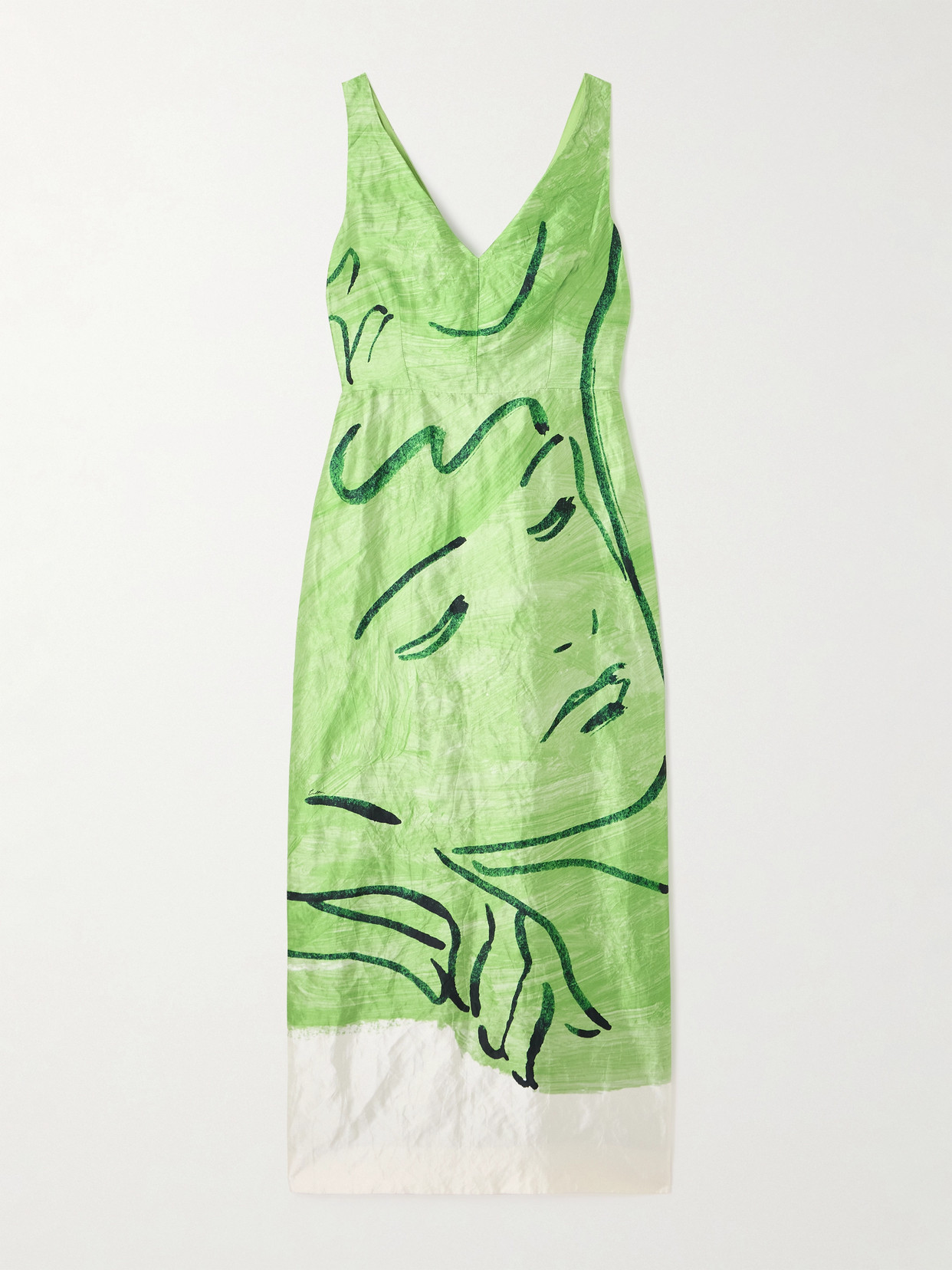 Erdem Face-print Sleeveless Crinkle Satin Midi Cocktail Dress In Green