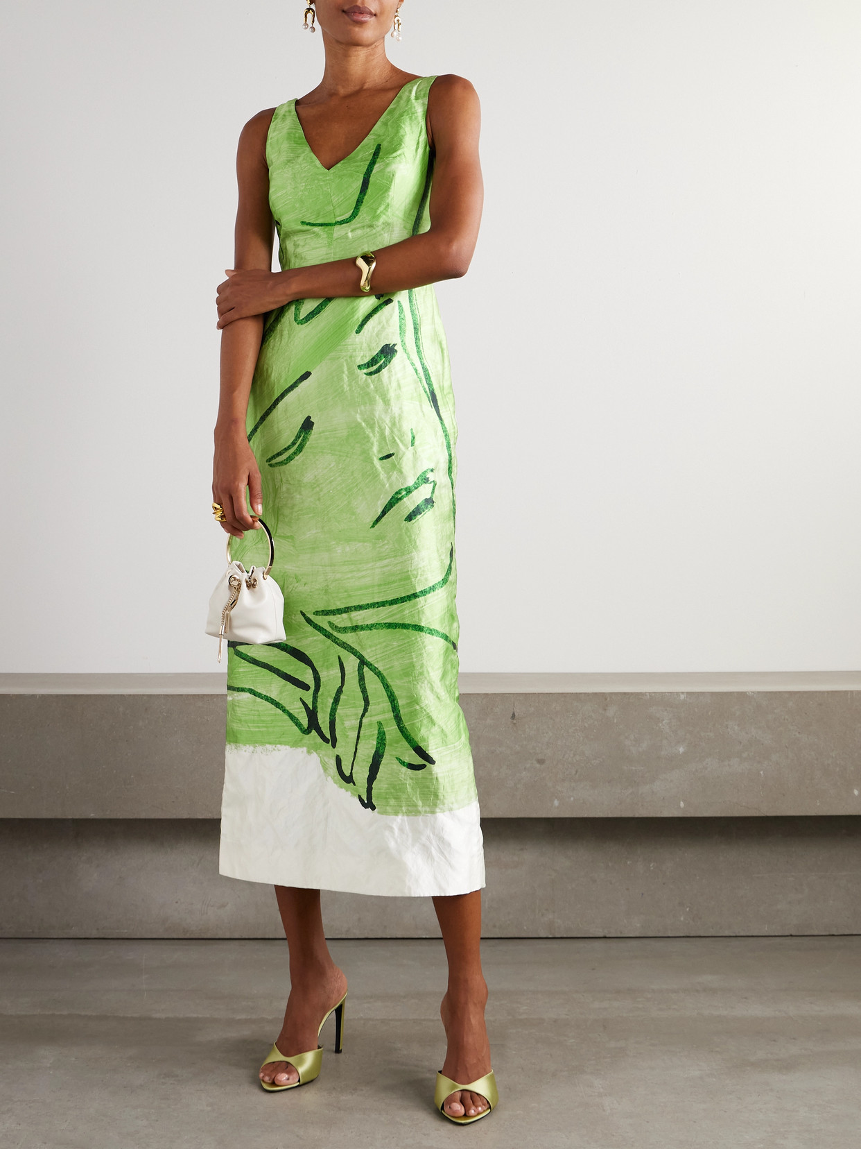 Erdem Face-print Sleeveless Crinkle Satin Midi Cocktail Dress In Green