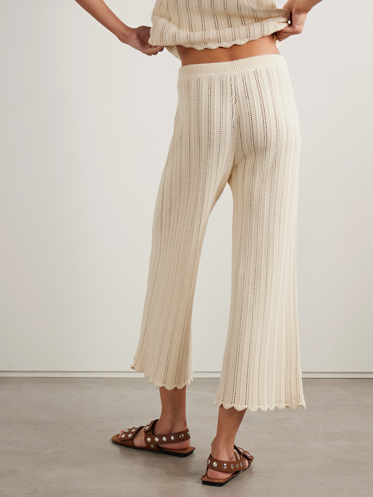 Altuzarra Petey Cropped Ribbed Open-knit Organic Cotton Flared Pants In Neutral