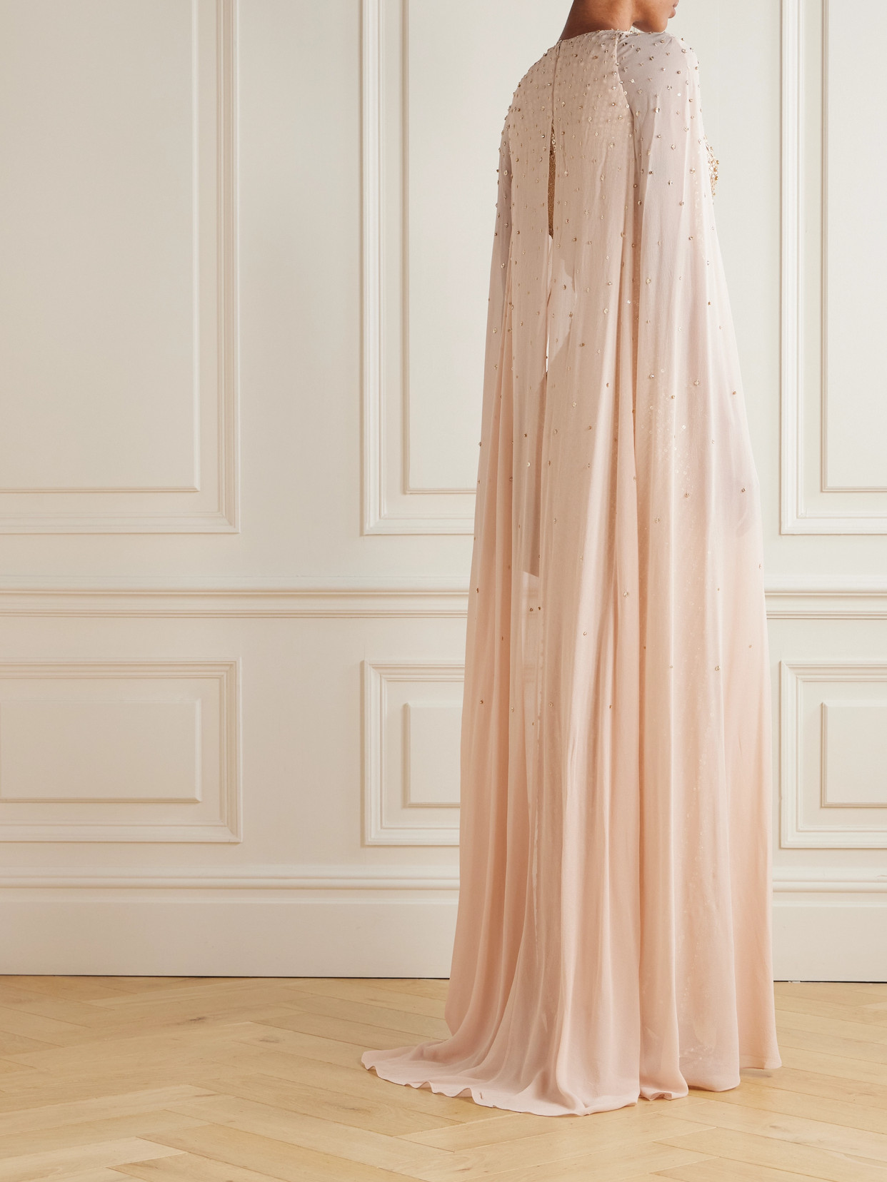 Jenny Packham Zenith Cape-effect Embellished Sequined Chiffon Gown In Pink