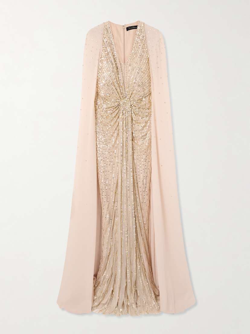 Jenny Packham Zenith Cape-effect Embellished Sequined Chiffon Gown