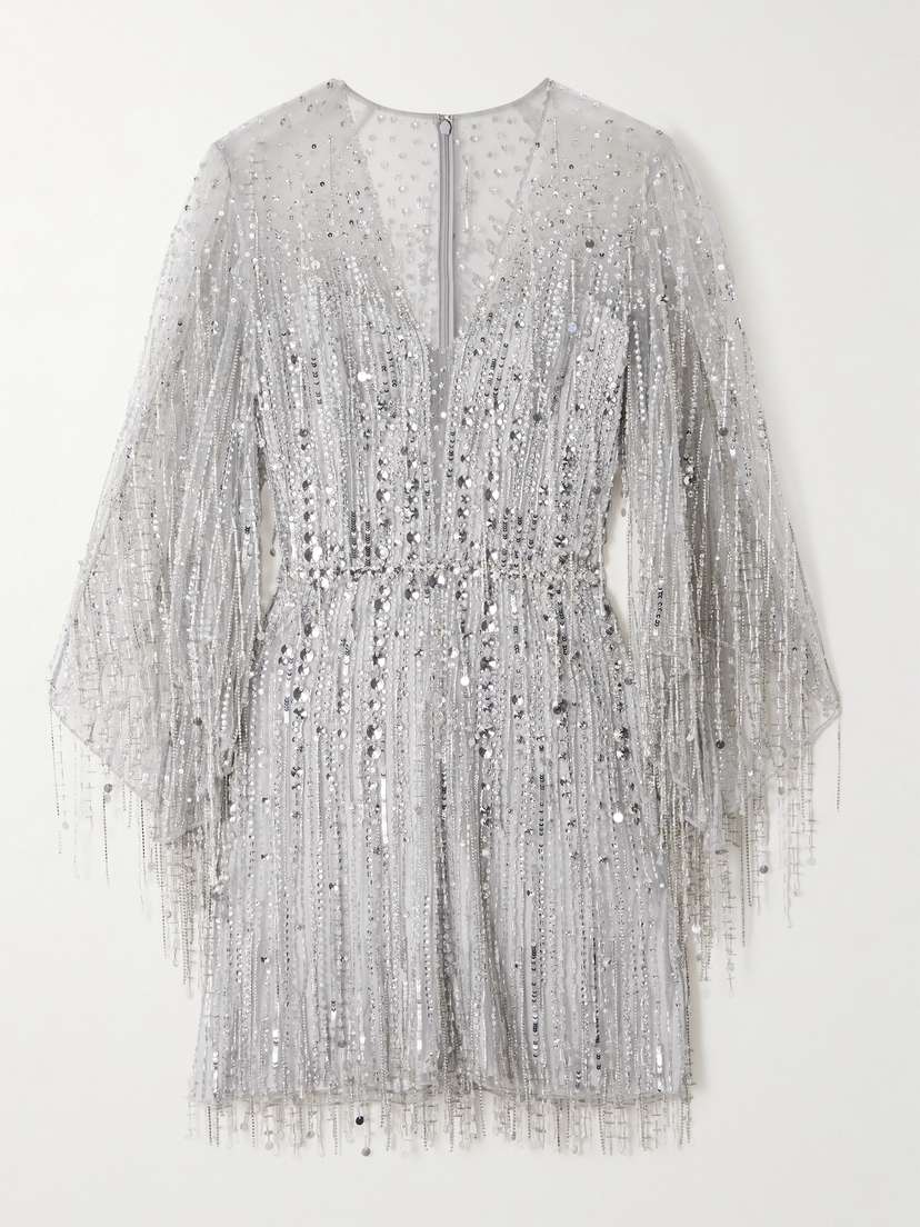 Jenny Packham Oberon Ammonite Embellished Fringed Organza Mini Dress