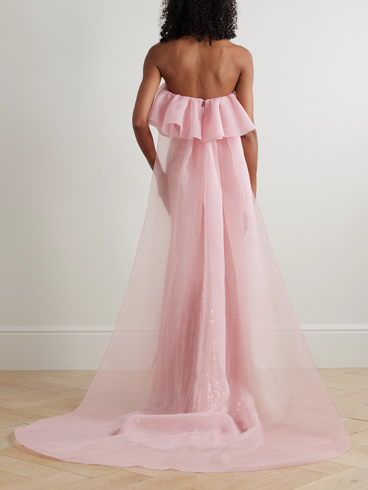 Jenny Packham Galactic Strapless Chiffon-trimmed Sequined Satin Gown In Pink